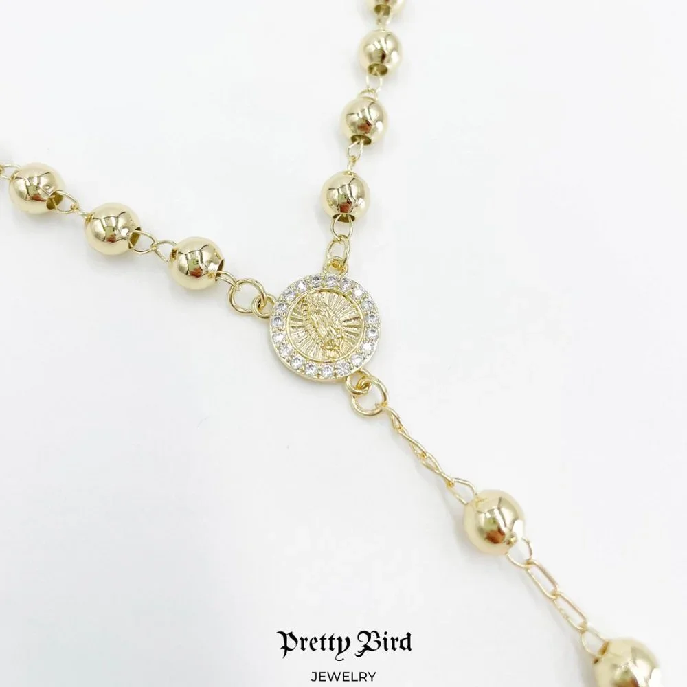 18K Yellow Gold Plated Rosary Bead Crystal Trim Necklace - 23.5" - Picture 2 of 3